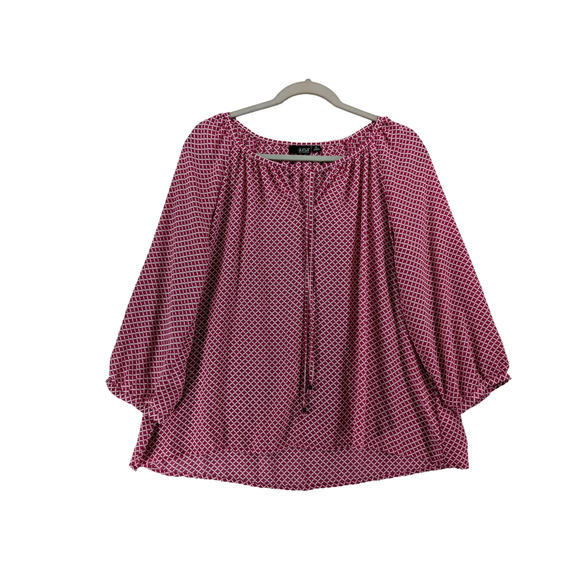 ANA Tunic Blouse M Pink Printed Hi Low V Split Neck Tie Front Office Relaxed Fit - Picture 1 of 12